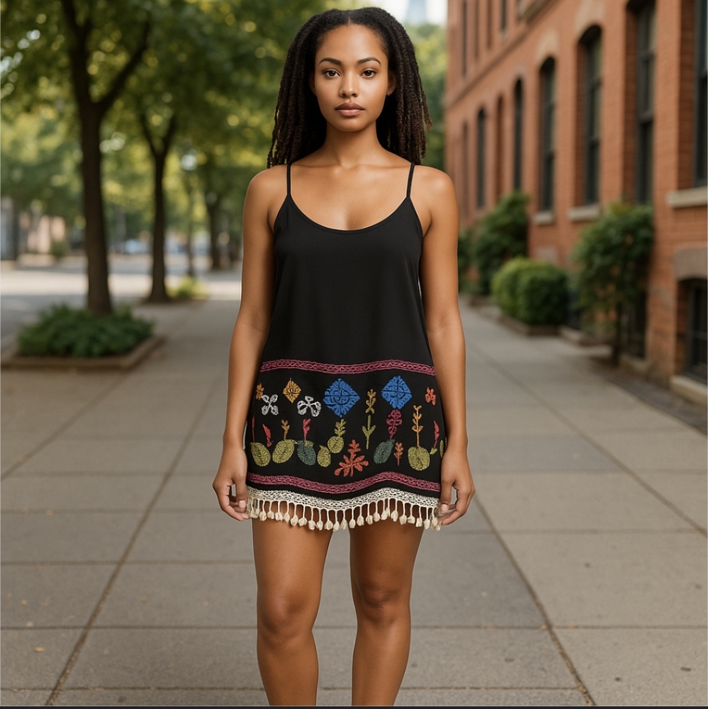 VaVa by Joy Han Black Razor Back Colorful Embroidered Slip Dress